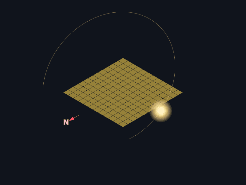 Scrubbing the time of day — the sun follows its real arc and shadows track with it